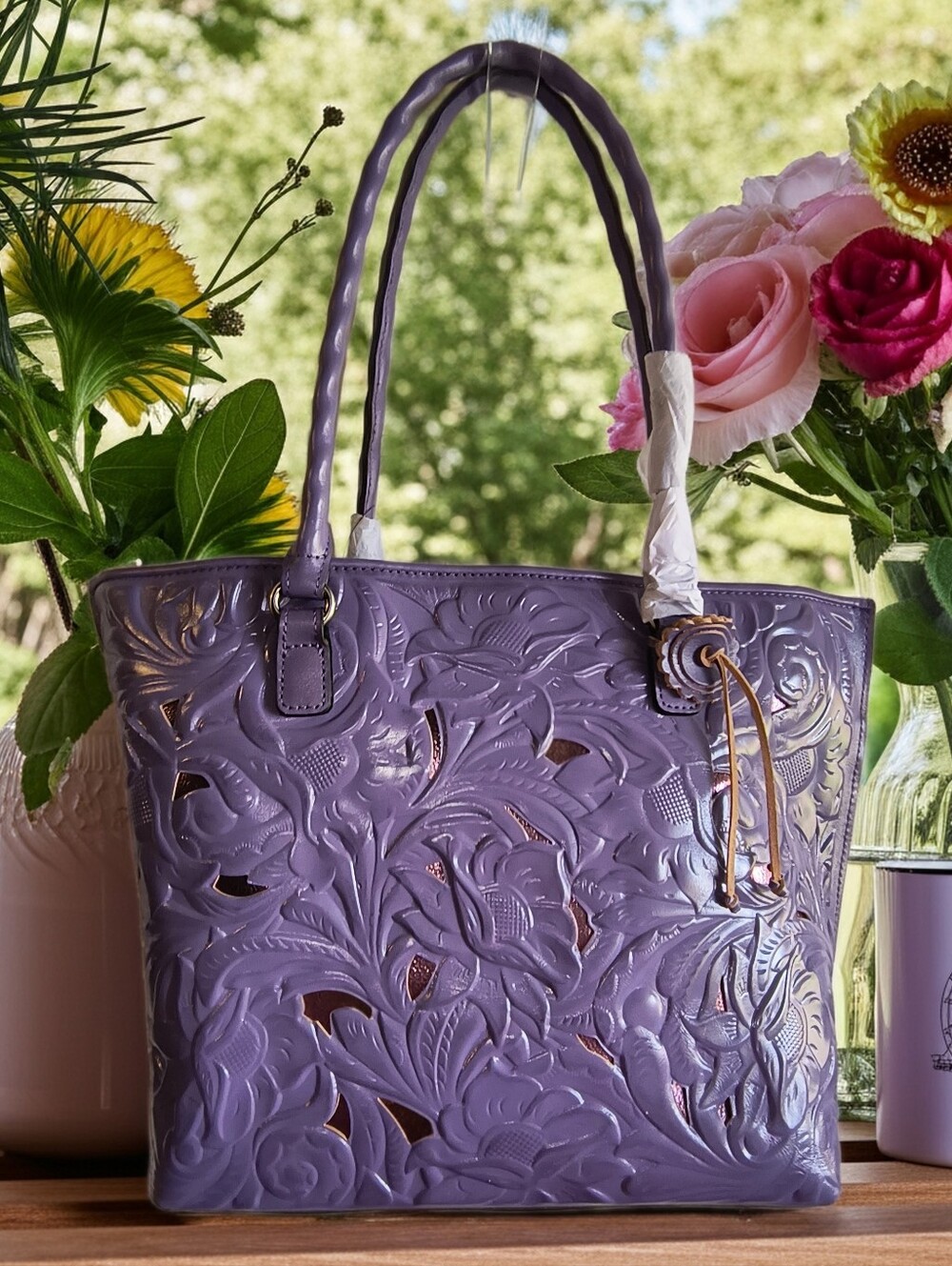 Patricia Nash Adeline Cutout Leather Tote Bag Amethyst Purple - Metallic Flowers
